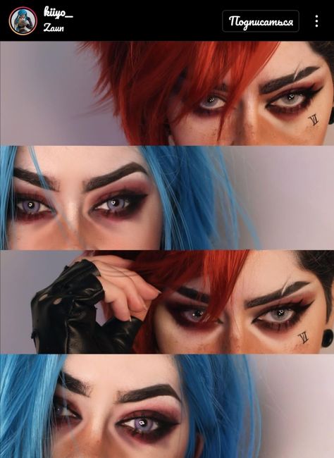 Jinx Arcane Cosplay Makeup, Vi Makeup Arcane, Jinx Cosplay Makeup, Jinx Makeup Tutorial, Vi Arcane Makeup, Jinx Inspired Makeup, Arcane Inspired Makeup, Jinx Halloween Costume, Jinx Makeup Arcane