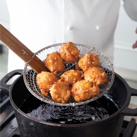 Crab and Corn Fritters with Fresh Corn Mayo Crab Fritters, Crab And Corn, Emeril Lagasse Recipes, Emeril Recipes, Buttered Corn, Corn Fritters, Fresh Corn, Fried Food, Beignets