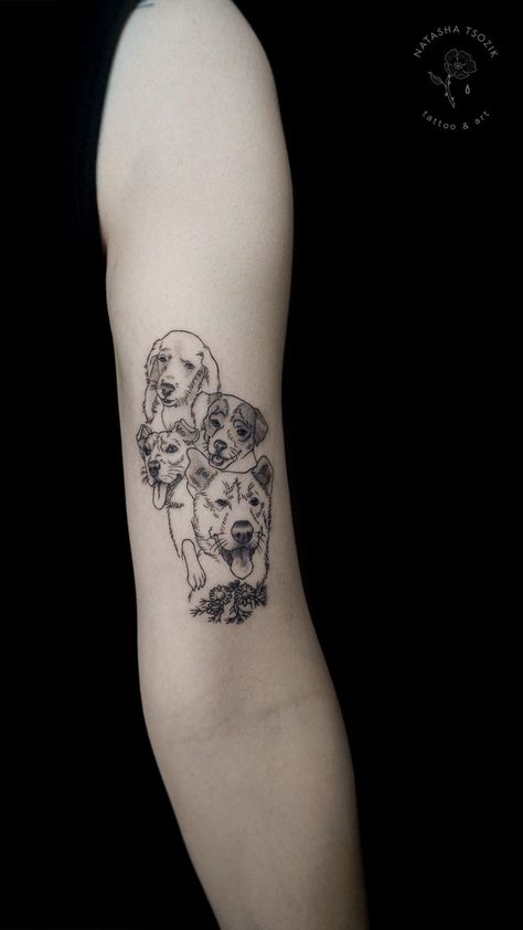 Dog Portraits - Fine Line Tattoo on forearm  by Natasha Tsozik Pet Portrait Tattoos, Cat And Dog Tattoo, Tatuaje Cover Up, Female Tattoo Artist, Dog Portrait Tattoo, Puppy Tattoo, Tribute Tattoos, Portrait Tattoos, Dog Memorial Tattoos