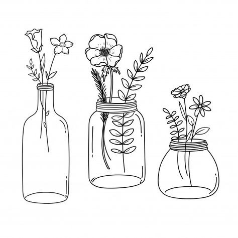 Flower In Vase Tattoo, Vase Of Flowers Tattoo, Flowers In Vase Tattoo, Flower Vase Tattoo, Jar Tattoo, Flower Vase Drawing, Vase Ideas, Doodle Art Flowers, Bottle Drawing