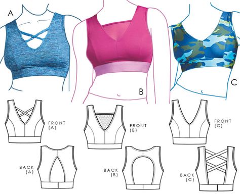 Sewing Pattern: Wireless sports bra designed with a deep V neckline and princess seams for a flattering fit. Customize your style with optional crossover details and mesh inserts. Choose from three back opening options, including cut-out and cross-over details. Create your own comfortable and stylish activewear with this versatile pattern. #SewingPatterns #DIYFashion #SportsBra #Activewear Sports Bra Pattern Free, Free Sports Bra Sewing Pattern, Wireless Bra Pattern, Sports Bra Sewing Pattern, Diy Bra Pattern, Bralette Sewing Pattern, Sewing Activewear, Bra Patterns, Sewing Bras