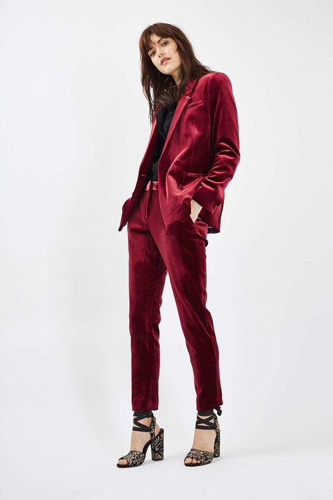 Velvet Suit Jacket - New In- Topshop Mode Monochrome, Velvet Suit Jacket, Blazer Suit Women, Womens Suits Business, Women Blazer, Velvet Suit, Long Bodycon Dress, Pantsuits For Women, Red Suit