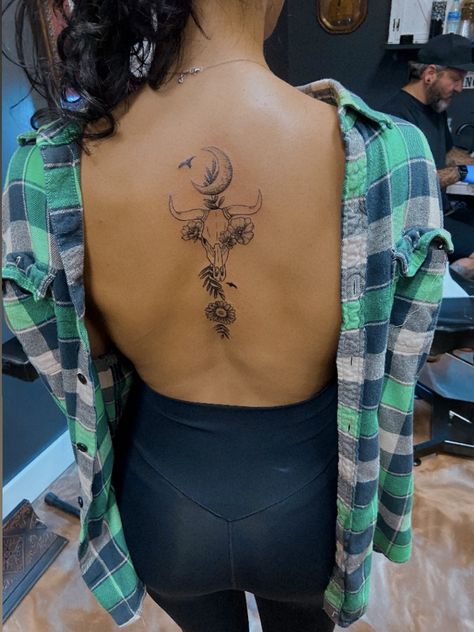 Southern Tattoos For Women Forearm, Southern Spine Tattoos, Small Cow Skull Tattoo For Women, Western Spine Tattoo Ideas, Feather Spine Tattoo, Spine Western Tattoos, Cactus Spine Tattoo, Longhorn Spine Tattoo, Cowboy Spine Tattoo