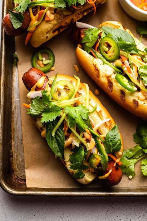 Banh Mi Hot Dog, Bahn Mi Hot Dog, Turkey Hot Dogs, Elevated Hot Dogs, Fancy Hot Dogs, Spicy Hot Dog, Hot Dogs Grilled, Bbq Hot Dogs, Hotdogs Recipes