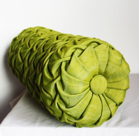 Made to Order Retro Kiwi Green Dupion Silk Bolster Smocking Pattern, Canadian Smocking, Smocking Tutorial, Neck Roll Pillow, Neck Pillows, Smocking Patterns, Satin Pillow, Bantal Sofa, Sewing Pillows