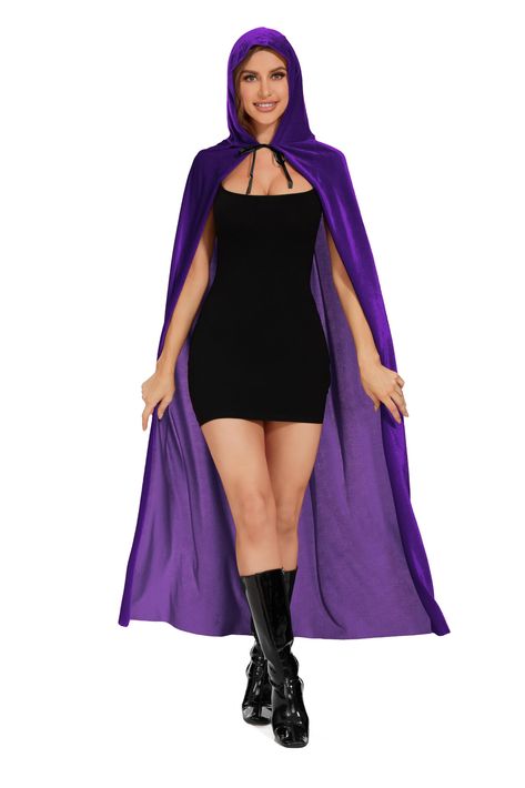 PRICES MAY VARY. PREMIUM FABRIC: Raven cape Crafted from top-notch velvet, ensuring a soft touch and a luxurious feel that drapes beautifully with every movement. VERSATILE COLORS: Raven costume Available in classic shades such as Midnight Black, Royal Blue, and Crimson Red Cape, perfectly complementing any attire and occasion. SIZING VARIETY: Raven cosplay Offered in multiple sizes to cater to all: Small (M=130cm) fits 4'9"-5'3", Medium (L=150cm) accommodates 5'4"-6', and Large (XL=170cm) ideal Black Cape Costume Ideas Women, Purple Vampire Costume, Black Cape Costume, Hooded Winter Cape For Costumes, Fitted Purple Cosplay Costume, Purple Cloak Aesthetic, Hooded Gothic Cape For Costume, Starfire Costume, Hooded Cape Purple