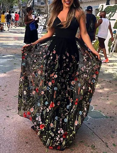 Cheap Prom Dresses Online, Floral Lace Skirt, Embroidery Tulle, Holiday Maxi Dress, A Line Prom Dress, Black Spaghetti Strap, Black Spaghetti, A Line Prom Dresses, Prom Dresses Online