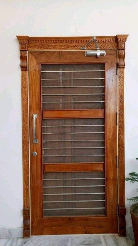 Wooden Door With Grill, Door Cum Window Design, Jali Gate Design Wooden Single Door, Safety Door Jali Design, Grill Door Design Front Entry, Net Door Design Wooden, Main Door Jali Design Entrance Modern, Jali Gate, Jali Door