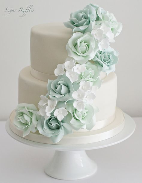 Mint Green Wedding Cake, Seafoam Green Wedding, Cascade Wedding Cake, Mint Green Cakes, Mint Wedding Cake, Wedding Cupcake Tower, Roses Wedding Cake, Cupcake Tower Wedding, Barrow In Furness