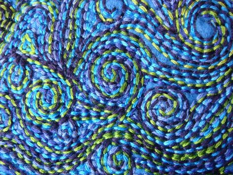 Spiral Embroidery, Van Gogh Style, Textile Art Embroidery, Sashiko Embroidery, Night Style, Sewing Art, Embroidery Craft, Embroidery Inspiration, Embroidery Techniques