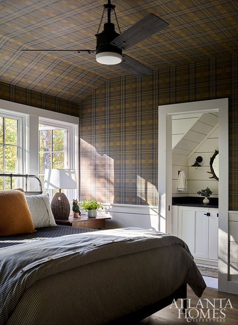 Returning Home - Atlanta Homes and Lifestyles Teen Boys Room Wallpaper, Green And Brown Plaid Wallpaper, Plaid Wallpaper Cabin, Plaid Wallpaper On Ceiling, Wallpaper Ceiling Boys Room, Plaid Wallpaper Ceiling, Plaid Ceiling Wallpaper, Mountain Cabin Wallpaper, Plaid Wallpaper Aesthetic