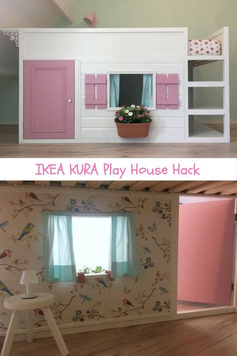 An adorable little house from the IKEA KURA. http://www.ikeahackers.net/2017/10/kura-playhouse-bunk-bed-diy.html Ikea Kura Playroom, Ikea Kura Bed Playhouse, Ikea Kura Playhouse, Kura Bed Playhouse, Diy Playhouse Bed, Kura Bed Hack Girls Ideas, Kura Playhouse, Kura Bunk Bed Hack, Kura Bed Hack