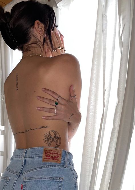 Rihanna Back Tattoo, Women Back Tattoo Placement, Back Tattoo Layout Women, Up And Down Tattoo Design, My Body Is My Temple Tattoo, Back Stencil Tattoo, Grandmas With Tattoos, Tattoo Sleeve Women Fine Line, Random Back Tattoos