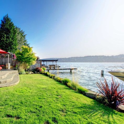 Lake, pond or riverfront property? Give it an earth-friendly beauty boost with the shoreline #landscaping idea that best matches your waterside spot. Shoreline Landscaping, Lake House Backyard, Lake Landscaping, Lakeside Garden, Lake Houses Exterior, Landscaping Design Ideas, Lakeside Living, Hillside Landscaping, Short Plants