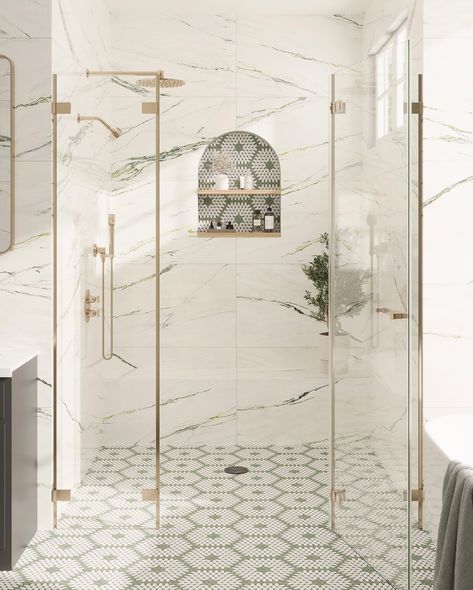 We take shower tile very seriously! Swipe through to see some of our favorite designs and let us know which one catches your eye—1, 2, 3, or 4? Leave a comment below with your favorite! 1. Emporio Calacatta Green with Santorini Green & White Petals floor and niche 2. Panorama White Marbled Peak porcelain tile walls with Emporio Calacatta Gold porcelain mosaic floor 3. Sultana Celeste Green walls with Sultana Stella Crema floor tiles 4. Panorama Birch Grove porcelain tiles with Emporio Si... Large Panel Shower Tiles, Extra Large Bathroom Tiles, Large Scale Bathroom Tile, Large Tile Bathroom Wall, Large Marble Tile Shower Walls, 2025 Bathroom Tile Trends, Beautiful Bathrooms Master Baths, Large Format Shower Tile, Bathroom Flooring Ideas Tile