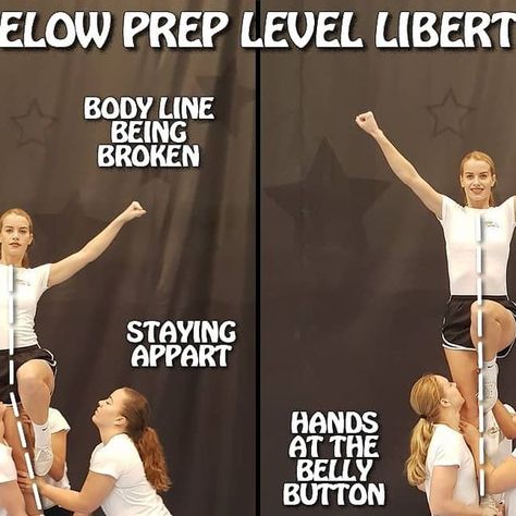 Cheer IQ on Instagram: "One more liberty round ‼️ . Liberty below the prep level do’s and don’ts and here💯 . Flyers, make sure your line is straight and your body is tight. Your arms are in a nice high V and your leg is extended✅ . You should never bend the legs, lean to the sides or loosen your body. This will make a stunt a lot harder for the bases❌ . Bases, stane close together in order to control the flyer. You elbows should form about 90-degree angle and should stay on the belly button hei Cheerleading, Instagram, Belly Button, Coaching, Cheer Coach, Cheer Coaches, 90 Degree, Bend, Quick Saves