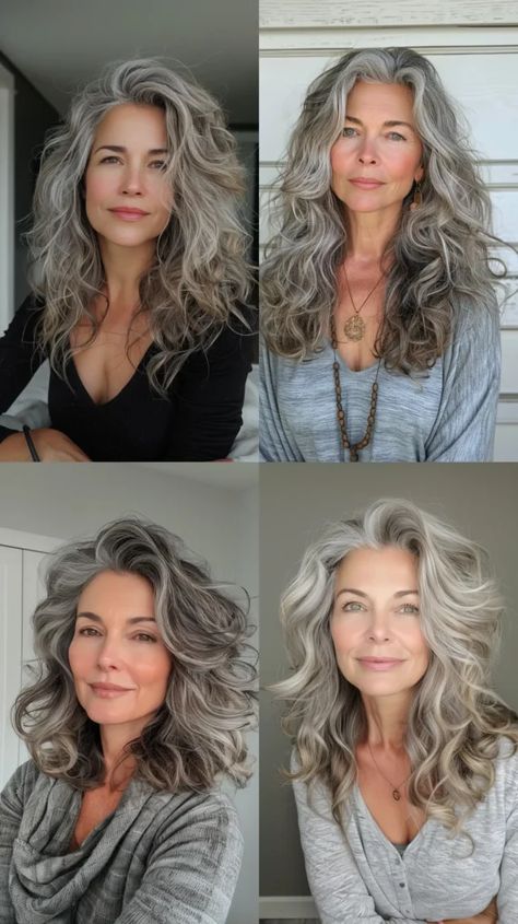 Layered Grey Hair, Tips To Look Younger, Long Blonde Curls, Grey Hair Over 50, Medium Length Curly Hair, Grey Curly Hair, Brown Curls, Style Chart, Hacks And Tips