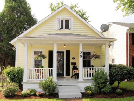 Yellow Tiny House, Yellow House Exterior, Black Shutters, Small Cottage Homes, Bungalow Exterior, Cottage Style House Plans, Cottages And Bungalows, Night Summer, Honest Truth