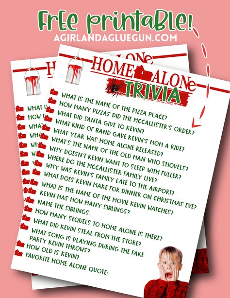 Home alone free printable trivia! A Home Alone-Themed Christmas Party is the best kind of party to throw this Holiday season! I'll show you how to decorate, what to eat, and games to play! Home Alone Trivia, Themed Christmas Party, Disney Movie Night Dinner, Home Alone Movie, Home Alone Christmas, Christmas Movie Night, Cookie Decorating Party, Classic Christmas Movies, Christmas Party Themes