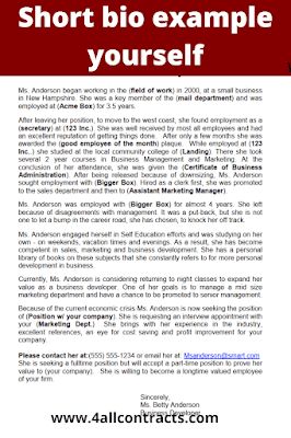Short professional bio exampleFind this example of short bio example yourself to download for free in pdf.The Quick and Easy Way To Write Your Personal BioSomeone asked me how they can make their own personal Bio. In the interest of assisting that person and others here are a few ideas I researched about creating your own Personal Bio.First, understand that a Personal Bio is not a resumeA Personal Bio is exactly what its name infers, it is a personal biography of your employment. It is a short s How To Write A Short Bio About Yourself, Work Bio Examples, How To Write A Biography, How To Write A Biography About Yourself, Biography Ideas Creative, About Yourself Bio, Personal Biography Examples, Professional Bio Examples, Bio About Yourself