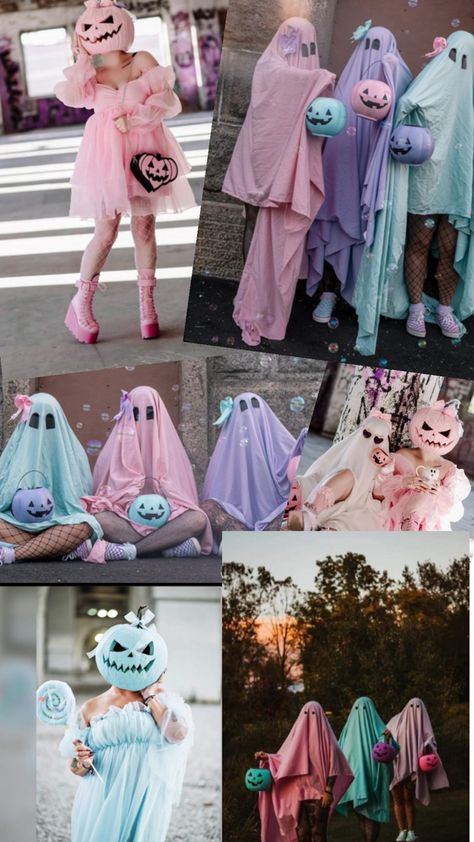 Pumpkin Ghost Costume, Pastel Halloween Costume Ideas, Ghost Bff Photoshoot, Pastel Halloween Photoshoot, Girly Ghost Photoshoot, Pastel Ghost Photoshoot, Ghost Friends Photoshoot, Extra Halloween Costumes, Halloween Family Photoshoot