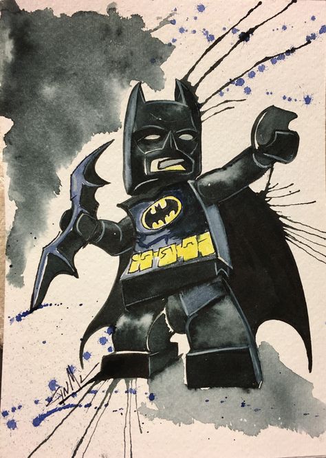 Watercolor of Batman Lego for Comicon!!! 😻 Lego Art Painting, Batman Watercolor Painting, Lego Batman Drawing, Batman Painting Ideas, Lego Art Drawing, Lego Batman Tattoo, Batman Art Painting, Lego Illustrations, Lego Sketch