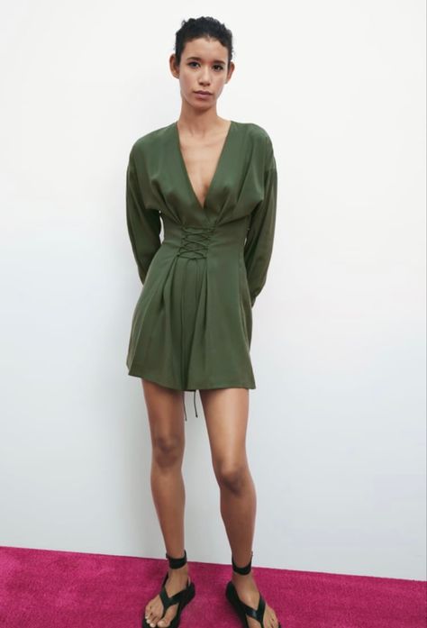 Olive Green Dress, Olive Green Dresses, Corset Mini Dress, Satin Shirt, Lace Mini Dress, Khaki Green, Zara Dresses, V Neck Dress, Collar Shirts