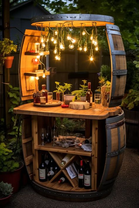 Wine Barrel Ideas, Unique Bar Ideas, Outdoor Wine Bar, Small Bar Ideas, Corner Wine Bar, Conversation Corner, Garden Bar Ideas, Wine Barrel Bar, Wine Barrel Table