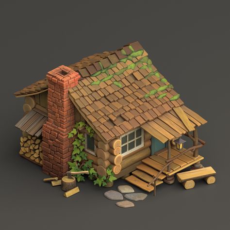 Forester's house, on ArtStation at https://www.artstation.com/artwork/aGE5OR Small House Concept Art, Cabin Concept Art, Stylized House, Small Cabin In The Woods, House Animation, House Concept Art, Isometric House, Forest Cabins, Cardboard City