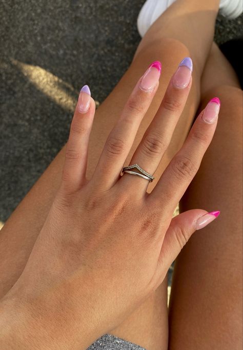 Pink And Purple Nails French Tip, Pink And Purple French Nails, Pink And Purple French Tip Nails, French Nails Purple, Bali Nails, Nail Deaigns, Slay Nails, Nail Art Tattoo, Preppy Nails