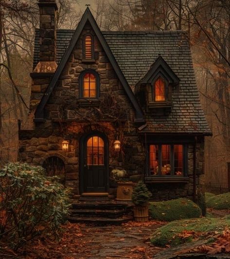 Dark Wood And Stone House Exterior, Fall Cottage House Exterior, Small Gothic Cottage, Gothic Tiny House Plans, German Cottage House, Witch’s House, Small Gothic House, Dark Academia House Exterior, Stone House Interior