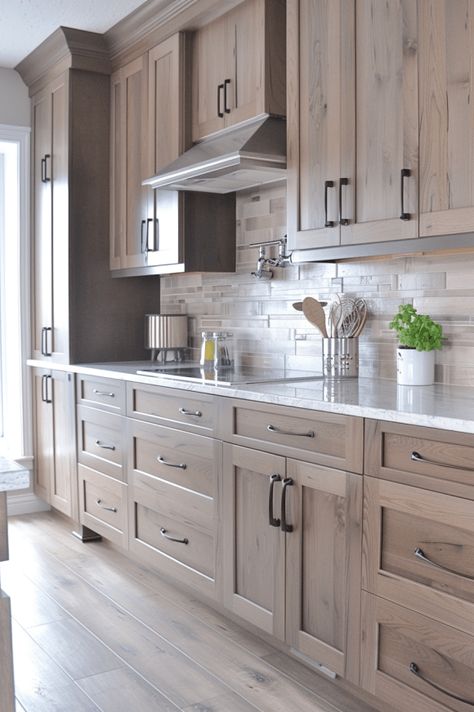 Wood Cabinets Gray Floor, Kitchen Wood Cabinets Ideas, Lighter Wood Kitchen Cabinets, Natural Wood Cabinets Kitchen Modern, 2024 Wood Stain Trends, Grey Stain Kitchen Cabinets, Kitchen Cabinets Stained Wood Colors, Ash Brown Cabinets Kitchen, Flooring And Cabinet Combinations