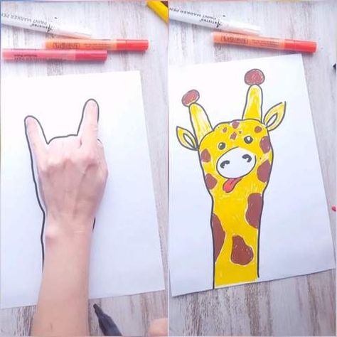 Draw Giraffe, Oppgaver For Barn, Giraffe Drawing, Hand Art Kids, Draw Tutorial, Kids Art Galleries, Couple Drawing, Draw Easy, Drawing Eyes