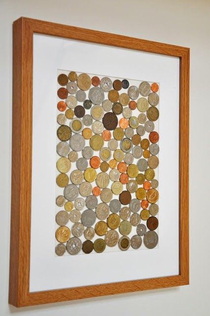 Coins Decoration Ideas, Coins Art Ideas, Coin Frame, Coin Crafts, Souvenir Display, Travel Room, Travel Crafts, Foreign Coins, Coin Art