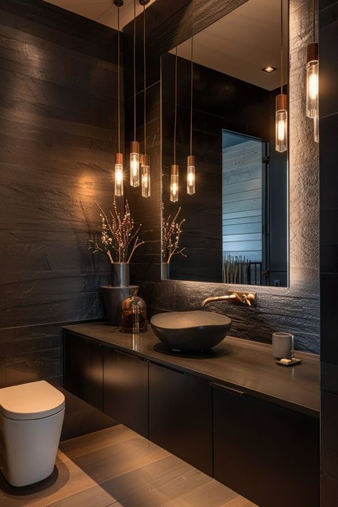 Dream Bathrooms Luxury Modern Black, Bathroom Chic Decor, Chocolate Bathroom Ideas, Black Luxury House Interior Design, Dark Themed Bathroom, Home Interior Design Dark, Modern Toilet Room, Black And Wood Interior Design, Bathroom Black Ideas