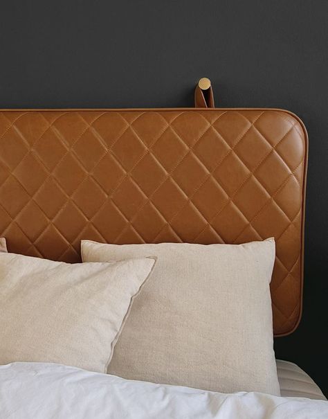 Leather Strap Headboard, Bachelor Flat, Leather Walls, Hotel Headboard, Floating Headboard, Brown Headboard, Leather Bed Headboard, Headboard Ideas, Leather Headboard