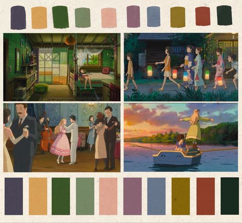 Soft natural coloe palette for the Studio Ghibli anime film When Marnie Was There studioghibli ghibli color coloue colorpallete anime animated cinematography Animation Colour Palette, Studio Ghibli Color Scheme, Studio Ghibli Colors, Anime Color Schemes, Studio Ghibli Color Pallete, Anime Character Color Palette, Anime Color Pallete, Soft Colors Palette, Howls Moving Castle Color Pallete