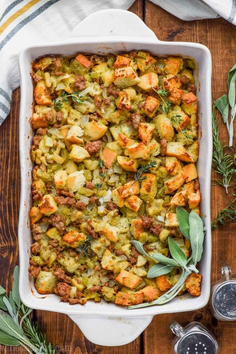 This is literally the BEST Homemade Stuffing Recipe.  It has everything you love about a classic stuffing recipe, celery, onion, apples, tons of delicious flavor, all in a great sausage stuffing recipe.  Plus! I have instructions for how to make this Thanksgiving stuffing recipe the night before! Best Homemade Stuffing, Homemade Stuffing Recipe, Homemade Stuffing Recipes, Classic Stuffing Recipe, Best Stuffing Recipe, Sausage Stuffing Recipe, Sage Stuffing, Easy Cranberry Sauce, Best Stuffing