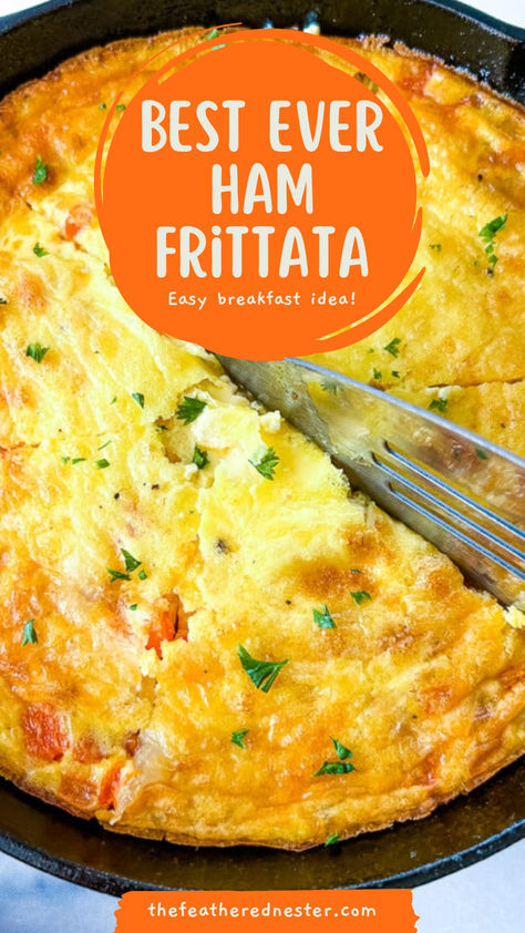 You love this ham frittata recipe! It's delightful combination of savory ham and melty cheese nestled within a tender egg base makes it a crowd-pleaser. Whether you're hosting a brunch gathering or looking for a quick and easy dinner solution, this frittata brings comfort and flavor to the table with minimal fuss. Non Egg Brunch Ideas, Eggs Ham Cheese Breakfast, Fritata Recipe Ham And Cheese, How To Make A Frittata, Easy Frittata Recipe Simple, Ham And Egg Frittata, Dinner Frittata Recipes, Make Ahead Egg Recipes, Egg For Dinner