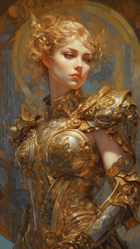 Sun Queen Art, Golden Armour, White Long Hair, Elf Female, Realistic Cartoons, Fantasy Witch, The British Empire, Roman Gods, Female Armor