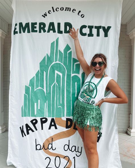 emerald city bid day 2021 #biddayshirts @tgigreek #emeraldcity Sorority Themes Events, Sorority Bid Day Shirts, Bid Day Themes Kappa Delta, Zta Bid Day Themes, Wizard Of Oz Bid Day Theme, Emerald City Bid Day, Kappa Delta Bid Day Themes, Wizard Of Oz Bid Day, Rainbow Bid Day