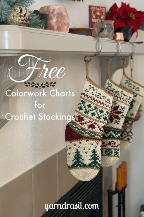 These vintage inspired colorwork charts are perfect if you're looking to create a beautiful crocheted family heirloom. These stocking charts incorporate the Selburose, a snowy tree scene, a reindeer, and traditional fair isle patterns. Free PDF download at link. #stockings #crochet #yarndrasil Knit Or Crochet Christmas Stocking, Fair Isle Stocking Pattern, Fair Isle Crochet Free Pattern, Free Christmas Stocking Knitting Pattern, Free Sewing Patterns Christmas, Free Crochet Patterns Christmas Stocking, Fair Isle Christmas Stocking, Crochet Stockings With Names, Crochet Fluffy Socks Free Pattern