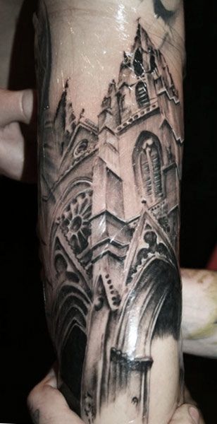 Tattoo Artist - Samuel Potucek - Architecture tattoo Cathedral Tattoo, Inked Magazine Tattoos, Building Tattoo, Church Tattoo, Gotik Tattoo, Castle Tattoo, Black And Grey Tattoo, Tattoo Chest, Goth Tattoo