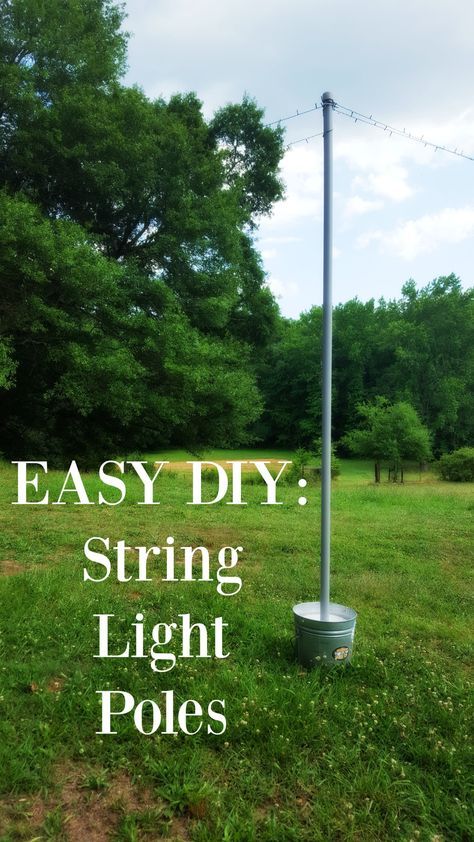 Easy DIY Mobile String Light Poles                                                                                                                                                                                 More Carport Wedding Ideas, Light Stand Outdoor, Diy Event Lighting, Outdoor Light Poles Diy, Backyard Tent Wedding On A Budget, Farmhouse Backyard Wedding, Garden Wedding Lights, Outdoor Lights Wedding, Backyard Wedding Lighting Ideas