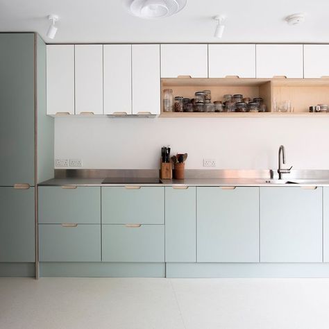 The cool palette of white and light sage fronts with a stainless steel worktop is countered with the warmer tones and texture of open birch… | Instagram Steel Worktop Kitchen, Stainless Steel Worktop, Sage And White Kitchen, Wood Bench Seating, Seafoam Kitchen, Pistachio Kitchen, Light Kitchen Colors, Light Green Kitchen, Light Wood Kitchens