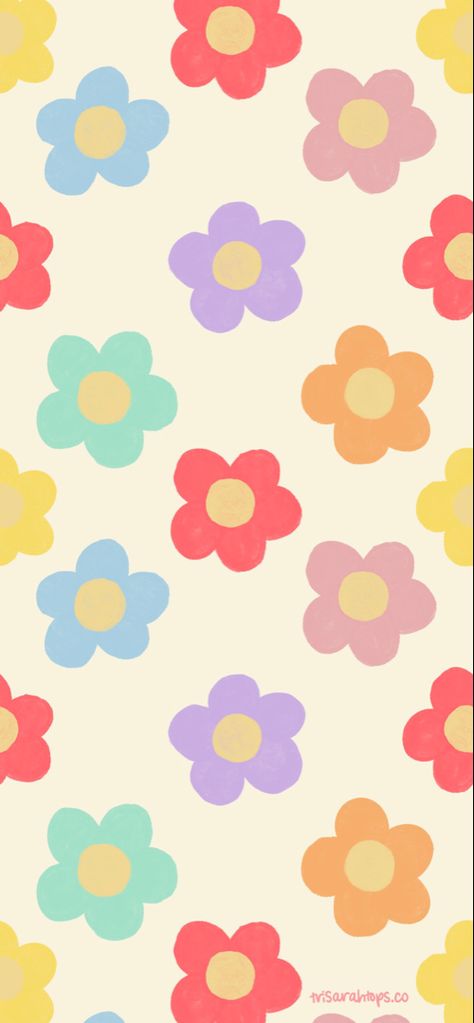 Red flowers, purple flowers, pink flowers, orange flowers, yellow flowers, green flowers, repeating flower pattern, digital wallpaper Simple Wallpapers Flowers, Retro Daisy Wallpaper Iphone, Doodle Flower Wallpaper, Flower Ideas Drawing Easy, Cute Cartoon Flower Wallpaper, Aesthetic Daisy Drawing, Preppy Flower Drawing, Cartoon Flower Pattern, Cute Flower Drawing Simple