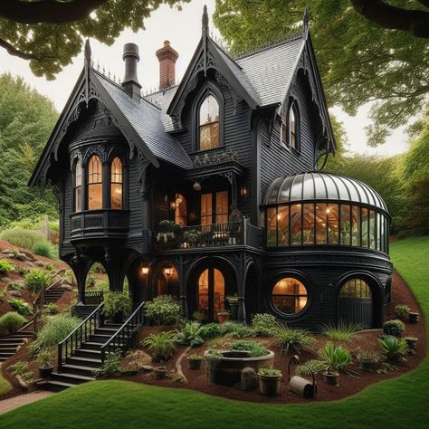 Art Nouveau Home Exterior, Gothic Home Architecture, Gothic Modern Architecture, Black Victorian House Exterior, Gothic House Outside, Dark Victorian House Exterior, Black Gothic House, Goth House Exterior, Gothic Home Exterior