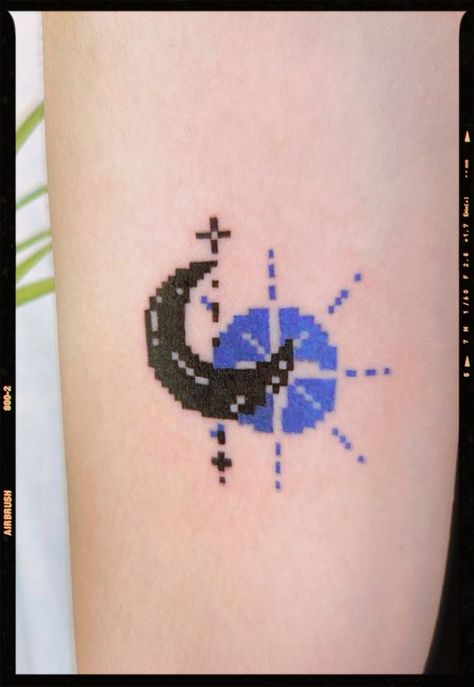 Pixel Tattoo Design, Moon Tattoo Colorful, Sun And Moon Pixel Art, Pixel Tattoo Ideas, Pixelated Tattoo, Pixel Art Tattoo, Sun And Moon Pattern, Sun Moon Tattoo, Pixel Tattoo