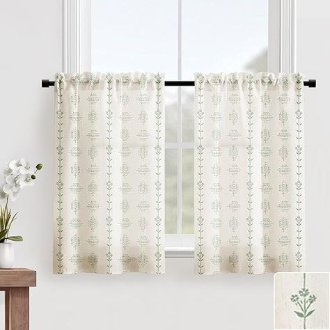 Amazon.com: Lino Rosa Kitchen Window Curtains Over Sink,Sage Green Boho Vintage Floral Sheer Curtain for Bathroom Window Cafe,36 Inch Length,Cream Colored : Home & Kitchen Kitchen Window Curtains Over Sink, Bathroom Window Decor, Boho Farmhouse Kitchen, Half Window Curtains, Short Window Curtains, Farmhouse Kitchen Curtains, Bathroom Window Curtains, Half Curtains, Kitchen Window Curtains