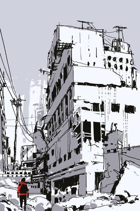 Destroyed City Drawing, Destroyed City, Models Architecture, Concept Models Architecture, Perspective Drawing Architecture, Perspective Drawing Lessons, Manga Drawing Tutorials, City Drawing, Perspective Art